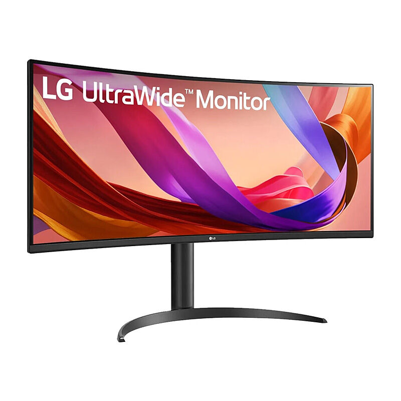 Angled view of the LG 34BQ65VA-B 34-inch curved ultrawide monitor highlighting the 1500R curve and stand