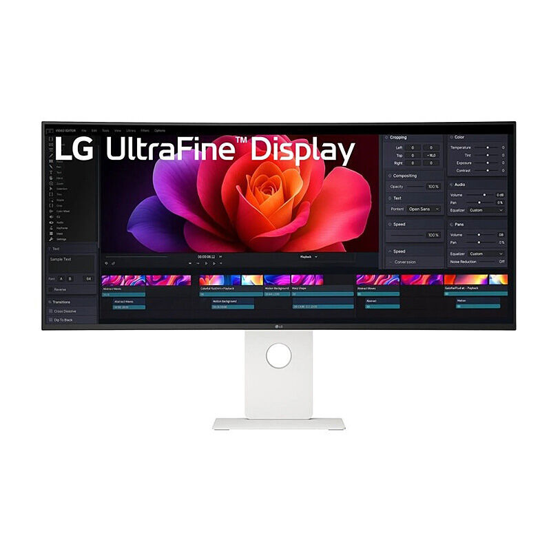 Front view of the LG 40U990A-W 40-inch 5K2K curved Nano IPS ultrawide monitor in white showing the display and stand on a white background