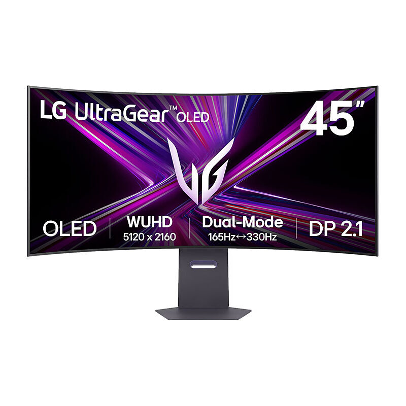 Front view of the LG 45GX950A-B 45-inch 5K2K OLED curved gaming monitor showing the curved display and stand on a white background