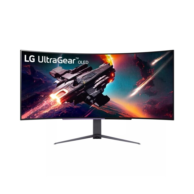 Front view of the LG 45GS96QB UltraGear 45-inch WQHD OLED curved gaming monitor showing the 800R curved display and stand on a white background