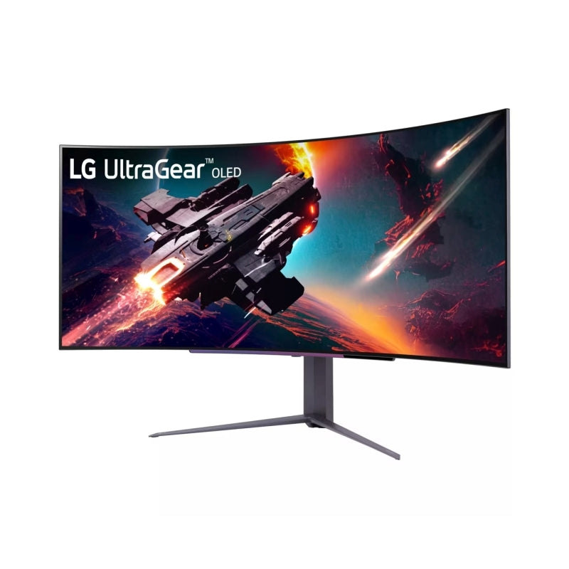 Angled view of the LG 45GS96QB 45-inch OLED curved gaming monitor highlighting the deep 800R curve and slim panel