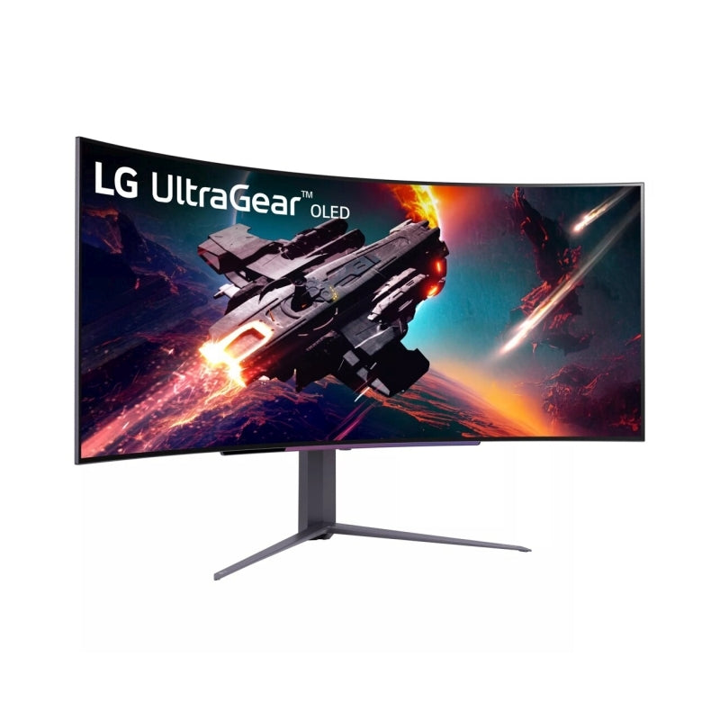 Rear view of the LG 45GS96QB 45-inch gaming monitor showing the USB-C, DisplayPort and HDMI connectivity and stand mount