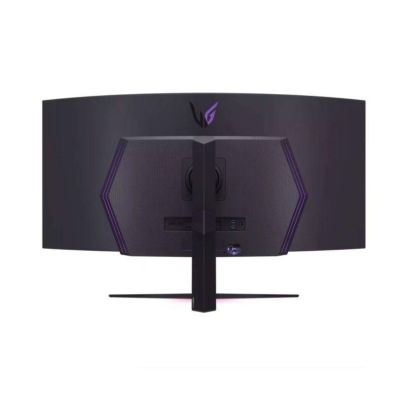 Side profile of the LG 45GS96QB 45-inch OLED curved gaming monitor showing the curvature and adjustable stand