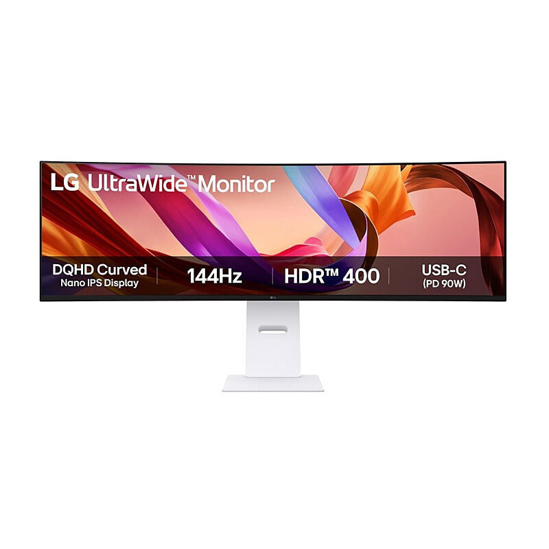 Front view of the LG 49U950A-W 49-inch 32:9 DQHD curved Nano IPS ultrawide monitor in white showing the display and stand on a white background