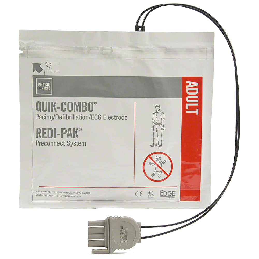 LIFEPAK Quik-Combo Redi-Pak Electrode Pads Adult showing genuine LIFEPAK electrode pads in Redi-Pak foil packaging for LP1000 LP12 LP15 LP20E defibrillators