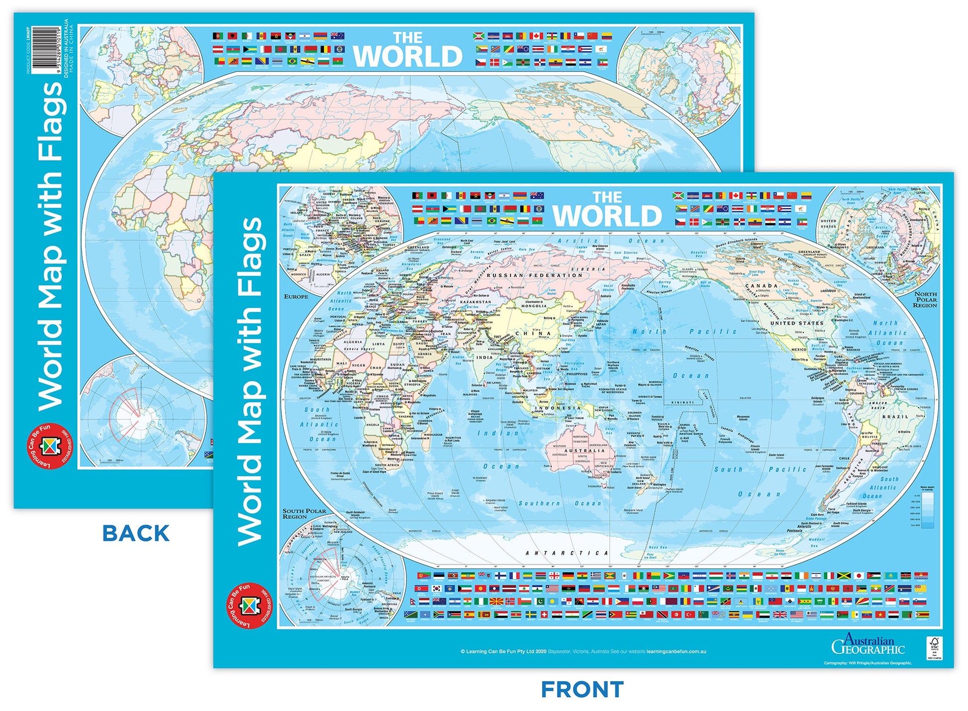 World Map with Flags Poster Australia Centred Laminated Wipe Clean-1