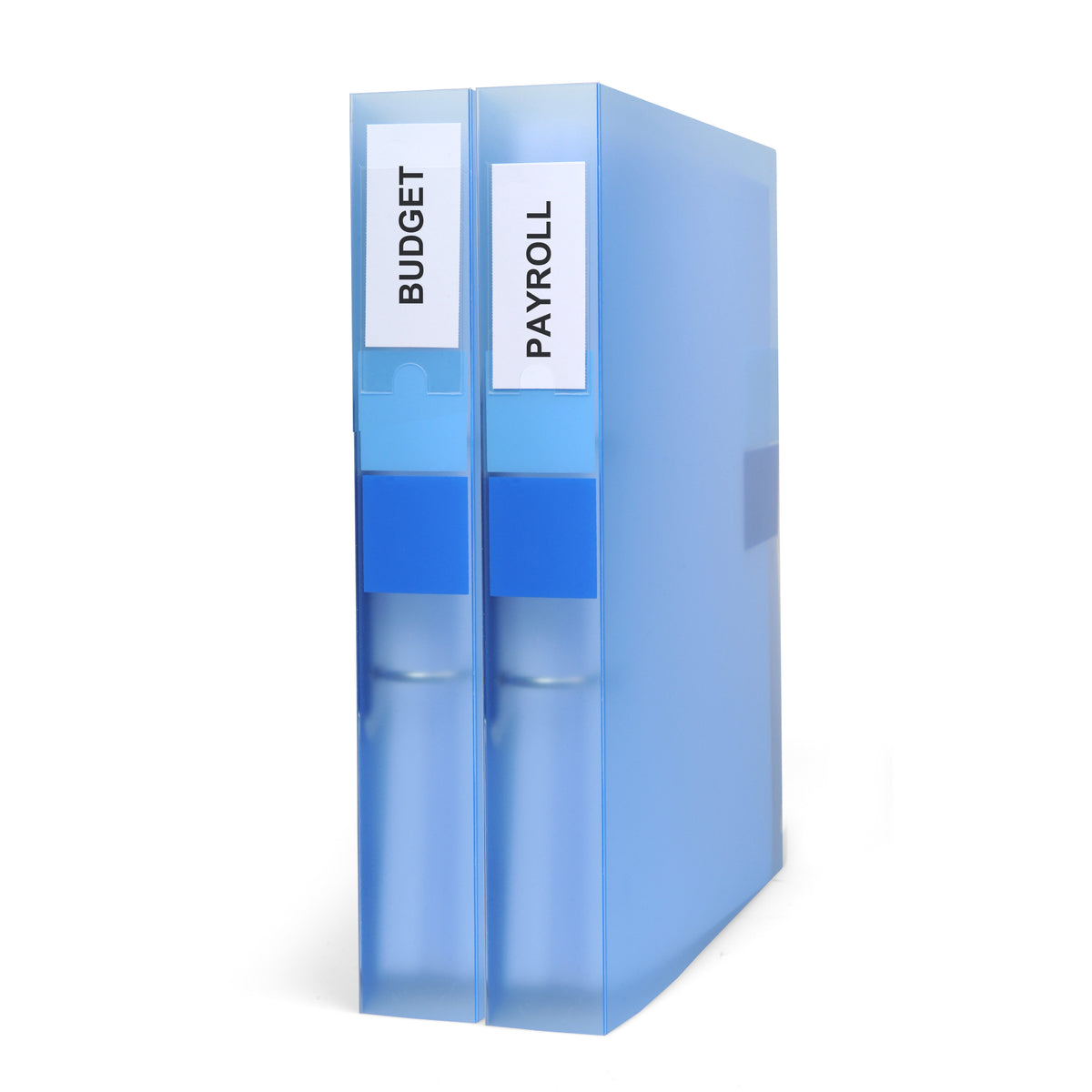 3L self-adhesive label holders on the spines of blue translucent ring binders, with BUDGET and PAYROLL inserts