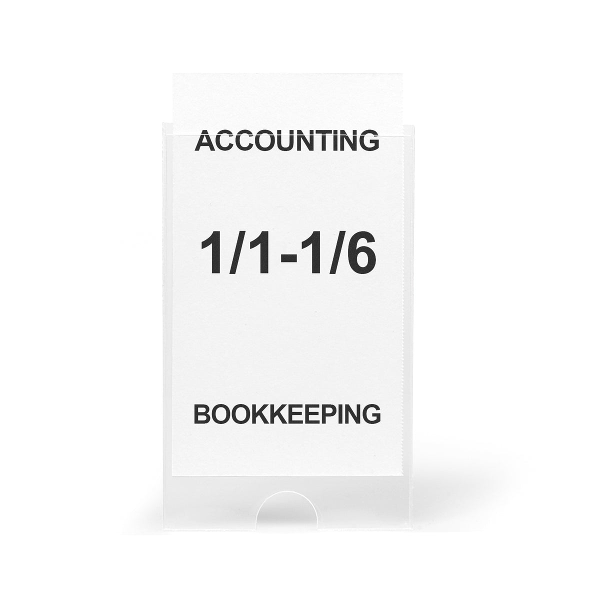 3L self-adhesive label holder with a printed accounting and bookkeeping insert and a finger hole at the base