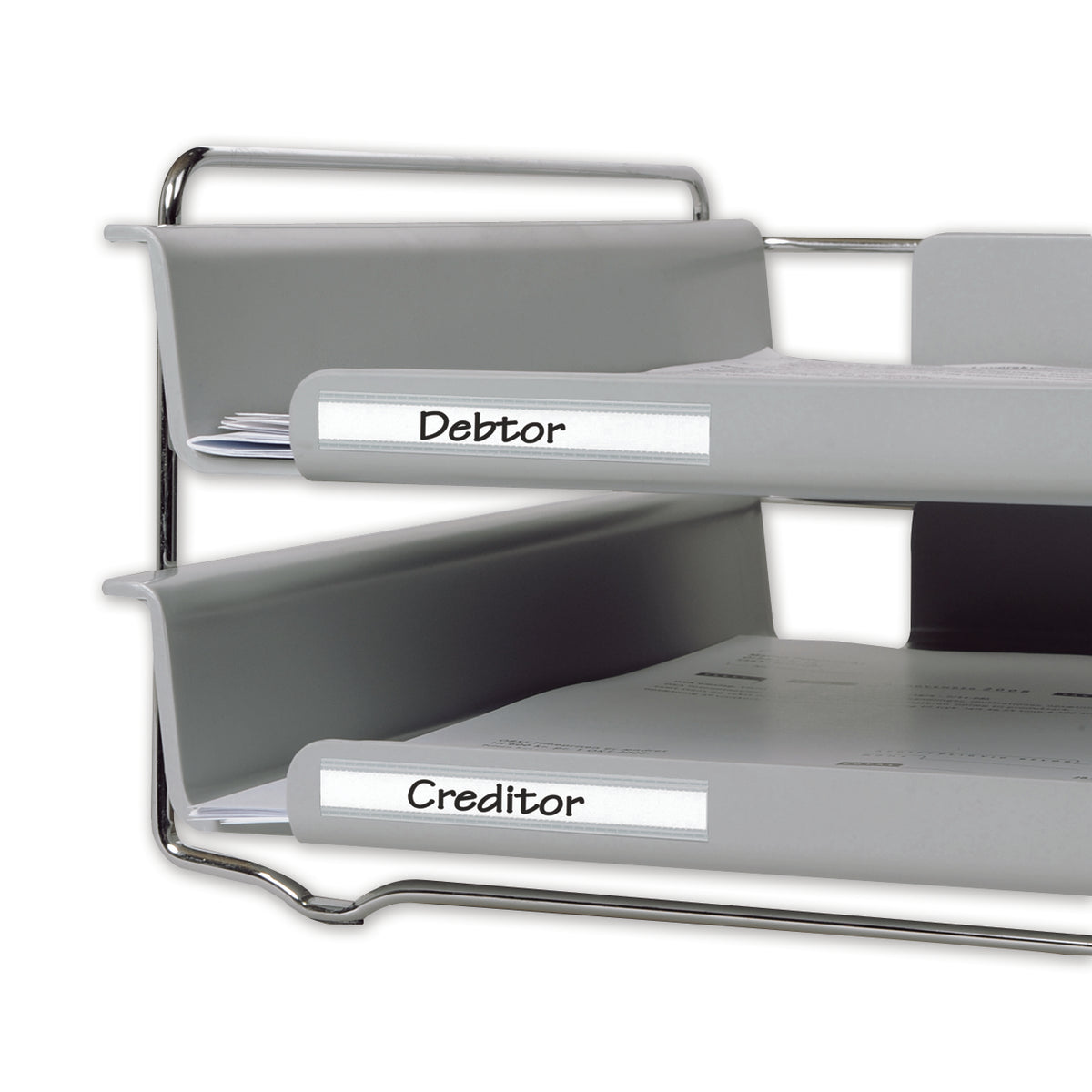 3L self-adhesive label holder strips with Debtor and Creditor inserts on the front edges of grey letter trays