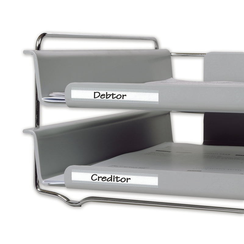 3L self-adhesive label holder strips with Debtor and Creditor inserts on the front edges of grey letter trays
