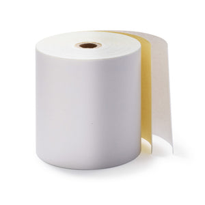 Lafayette 2-P76 two ply carbonless register roll on a brown card core, with the loose end split into a white top sheet and a yellow copy sheet