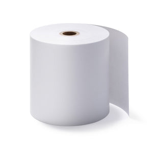 Lafayette L-F76 one ply bond paper roll, a tall white 76mm roll on a brown card core with a long strip of plain paper unrolled behind it