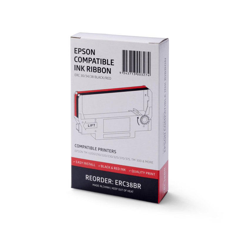 Box of Lafayette ERC38BR Epson compatible black and red ink ribbon, printed ERC 30/34/38 with a cartridge diagram, compatible printer list and reorder code