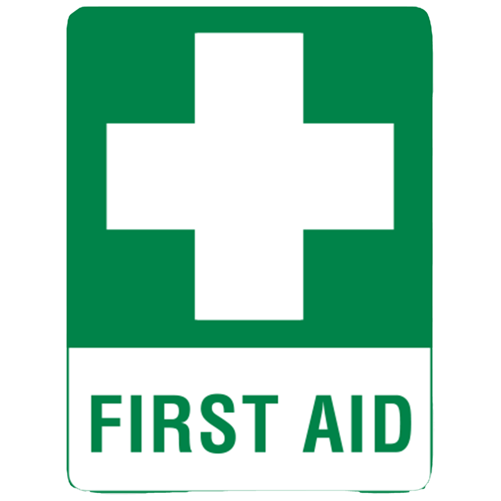 Large Metal First Aid Sign 60 x 45cm showing large steel first aid wall sign with internationally recognised symbol for industrial and outdoor workplace identification