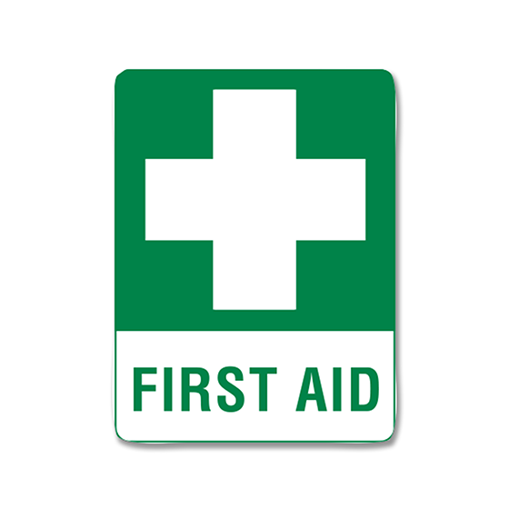 Large Poly First Aid Sign 60 x 45cm showing large polypropylene first aid wall sign with internationally recognised first aid symbol for workplace identification