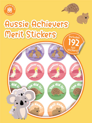 Aussie Achievers merit sticker book cover showing round stickers illustrated with Australian animals and short praise phrases.