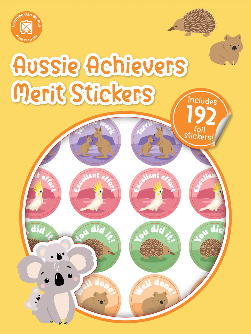 Aussie Achievers merit sticker book cover showing round stickers illustrated with Australian animals and short praise phrases.