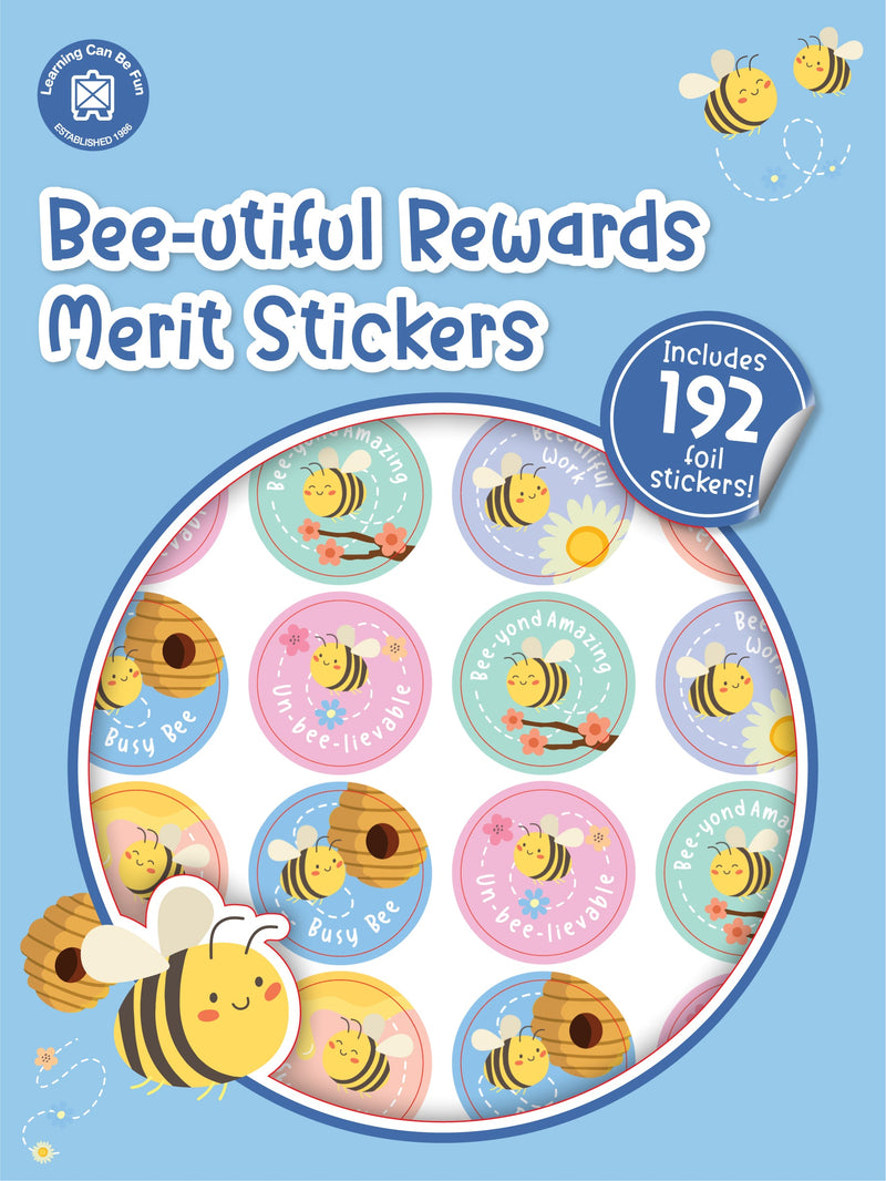 Bee-utiful Rewards merit sticker book cover showing round stickers with bee illustrations in soft yellow and cream tones.