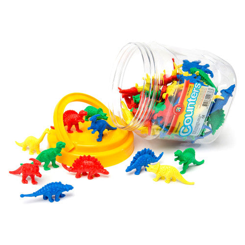 Learning Can Be Fun dinosaur counters set of 64 pieces in 8 shapes and 4 colours stored in a PET jar