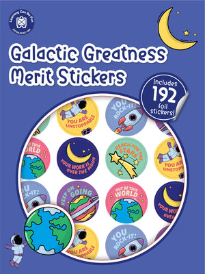 Galactic Greatness merit sticker book cover showing round space-themed stickers with rockets, planets and stars on bold colours.