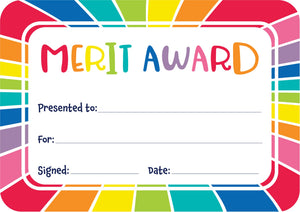 Giggle and Grow merit award certificate in A5 with a bright rainbow border pattern and blank lines for the student name, reason and date.
