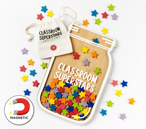 Giggle and Grow classroom rewards jar with a clear acrylic front over a bright bamboo back, partly filled with colourful star tokens.