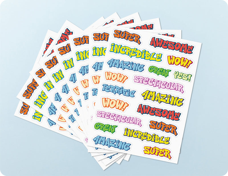 Sticker sheets from the Graffiti Goals book fanned out to show the street-style lettering designs.