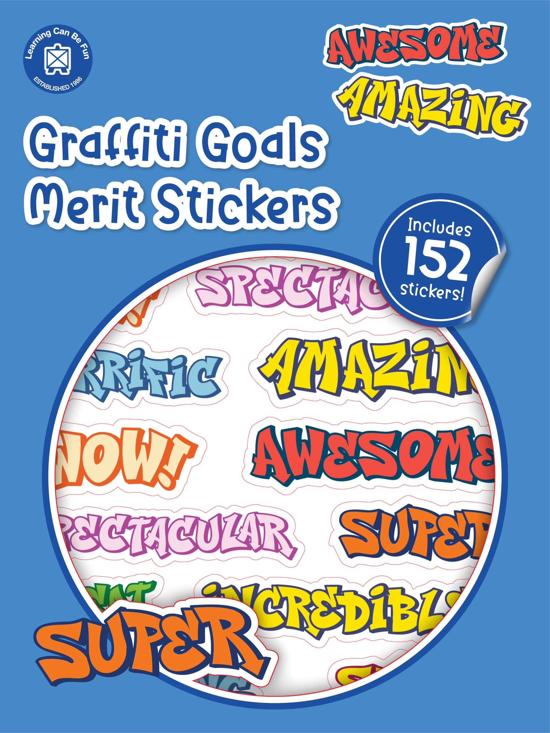 Graffiti Goals merit sticker book cover showing stickers with bold graffiti-style lettering in high-energy colours.