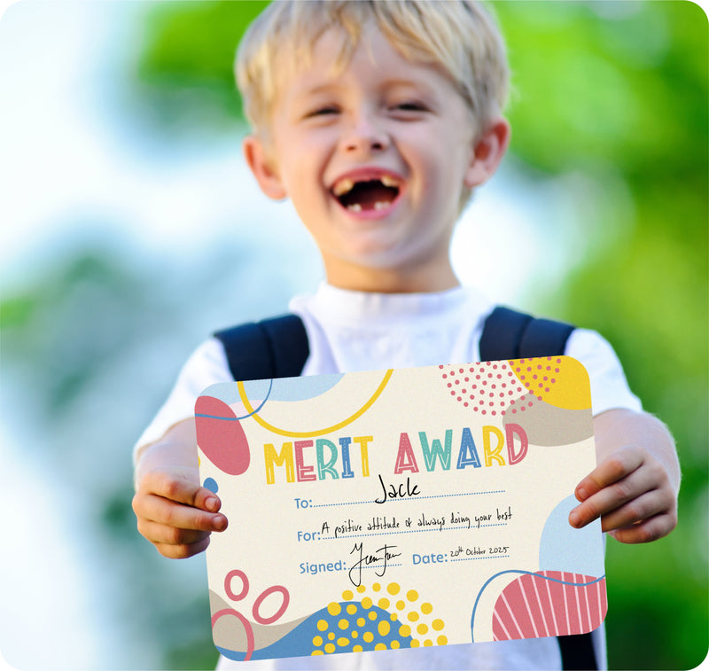 Several Growing Minds merit certificates fanned out to show the neutral abstract design and the pack quantity.