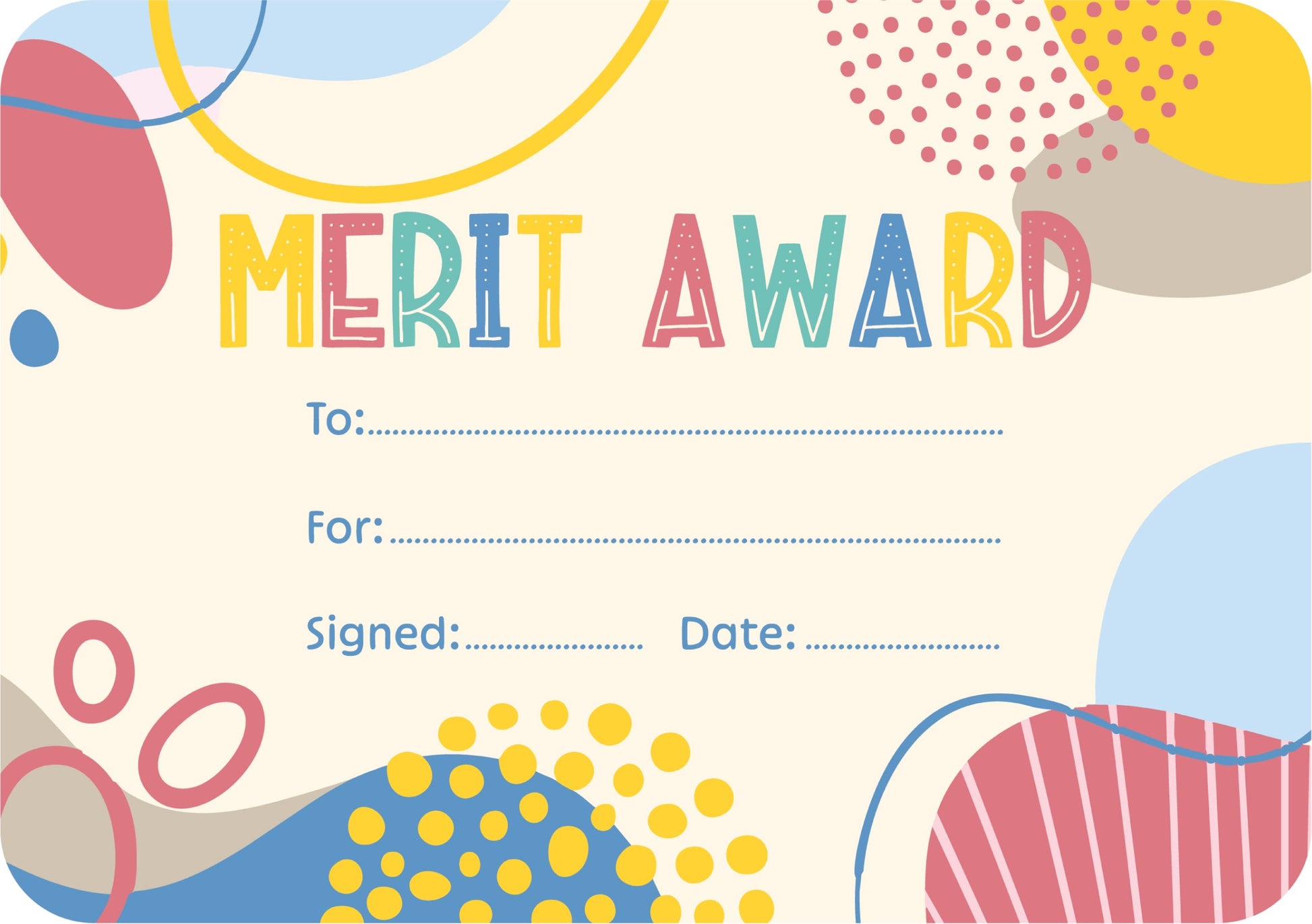 Growing Minds merit award certificate in A5 with a modern abstract border in calm neutral tones and blank lines for the student name and date.