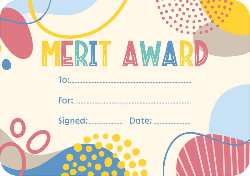 Growing Minds merit award certificate in A5 with a modern abstract border in calm neutral tones and blank lines for the student name and date.