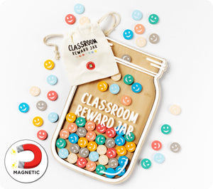 Growing Minds classroom rewards jar with a clear acrylic front over a bamboo back in neutral tones, partly filled with smiley face tokens.