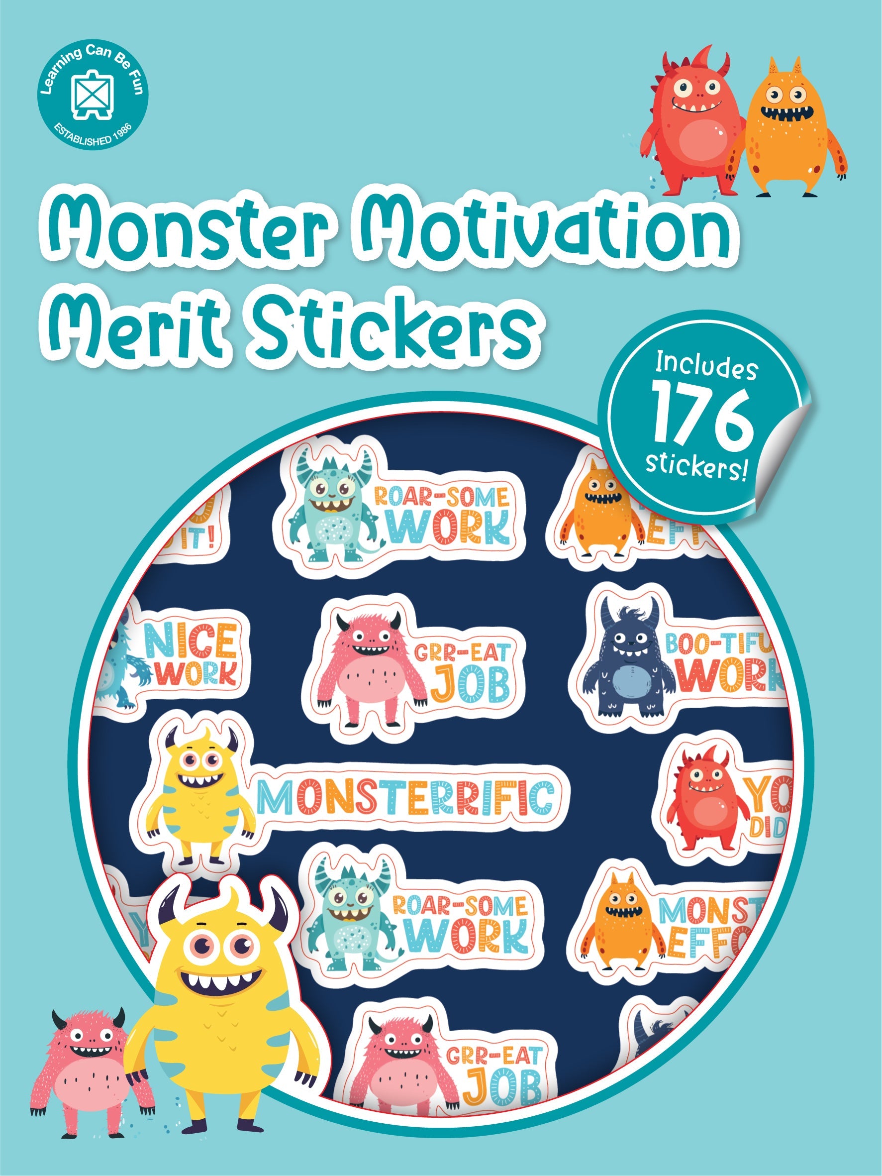 Monster Motivation merit sticker book cover showing colourful friendly monster characters with playful praise wording.