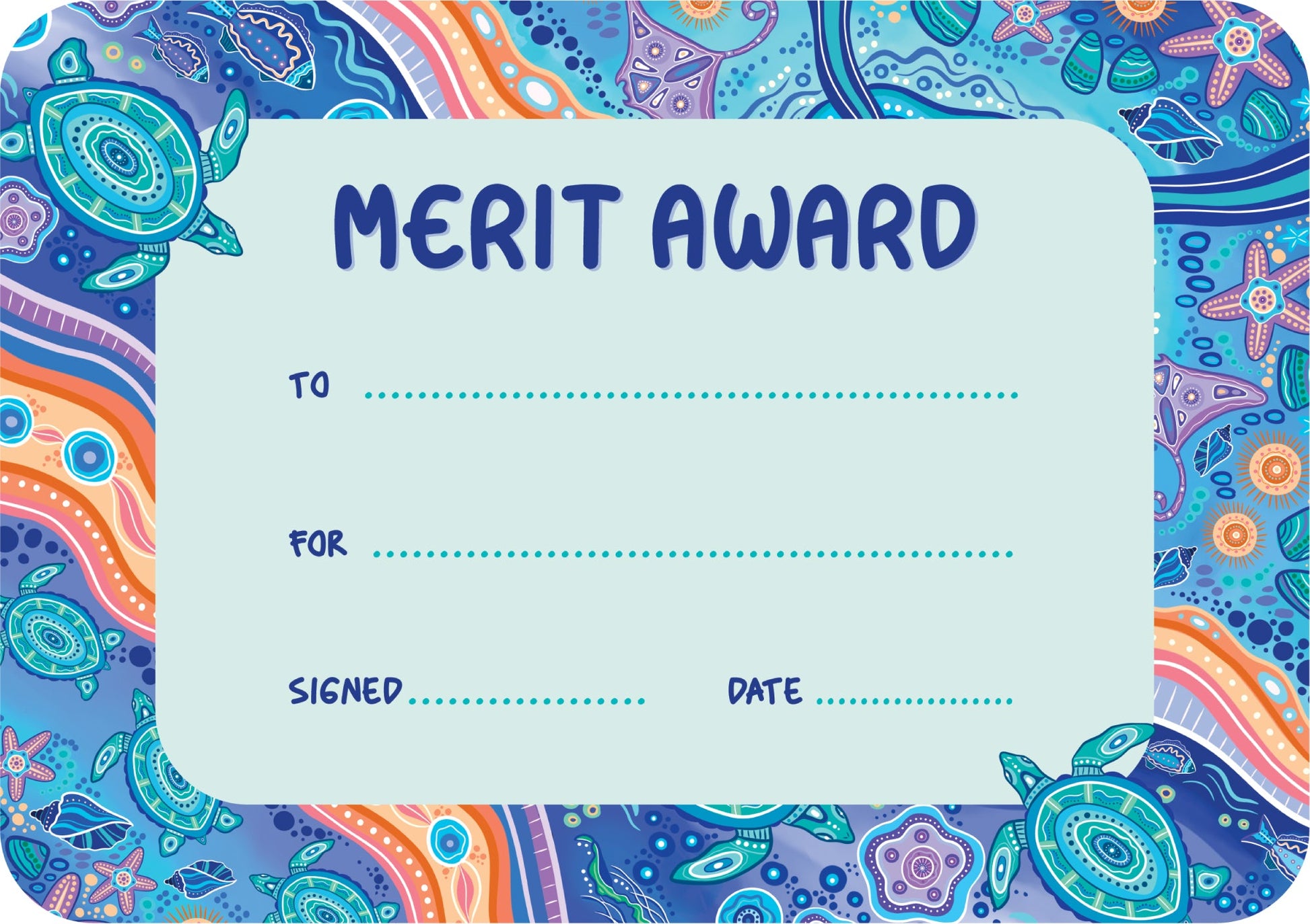 Ocean Country A5 merit award certificate showing First Nations artwork by Holly Sanders in ocean tones with blank fields for the student name and date.
