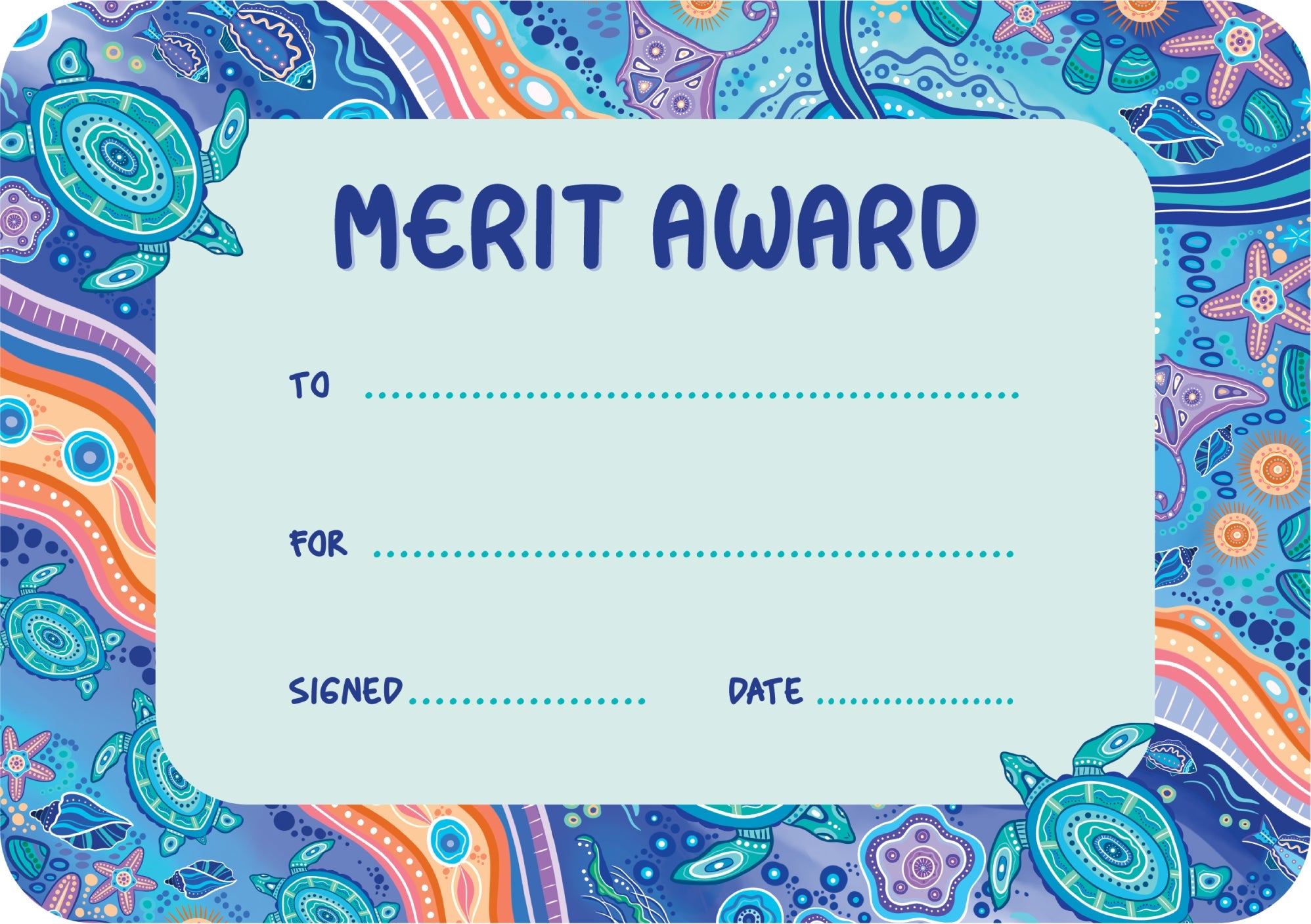 Ocean Country A5 merit award certificate showing First Nations artwork by Holly Sanders in ocean tones with blank fields for the student name and date.