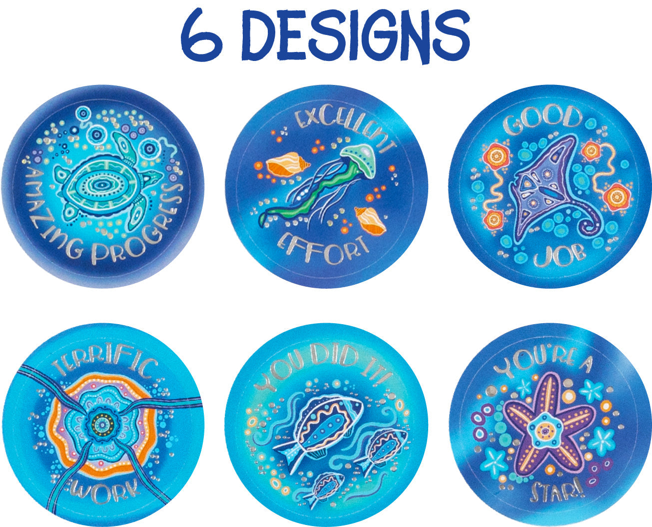 Close view of the Ocean Country sticker designs showing the six artworks and the shimmering foil detail.