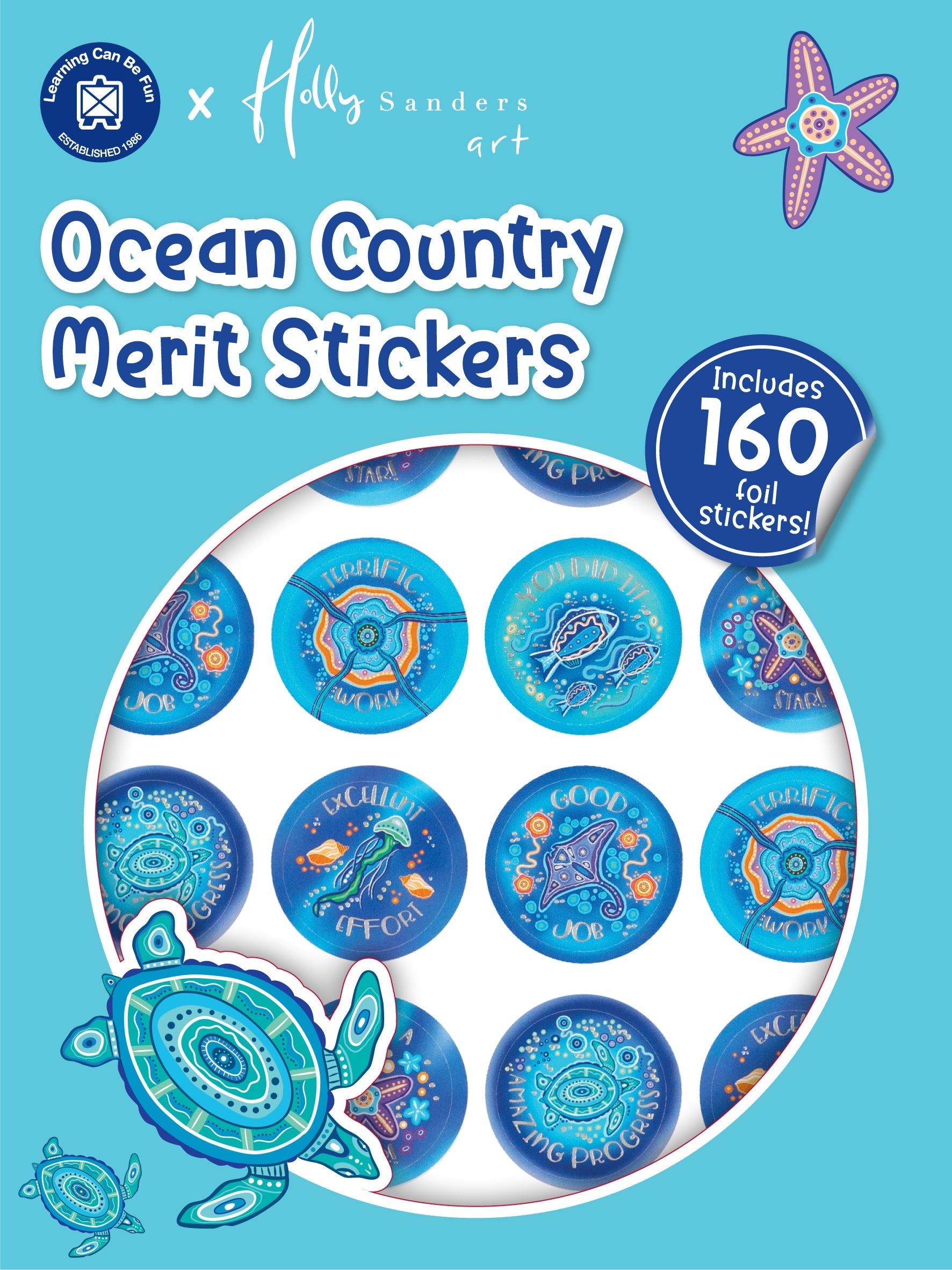 Ocean Country merit sticker book cover showing round foil stickers carrying First Nations artwork by Holly Sanders in ocean tones.
