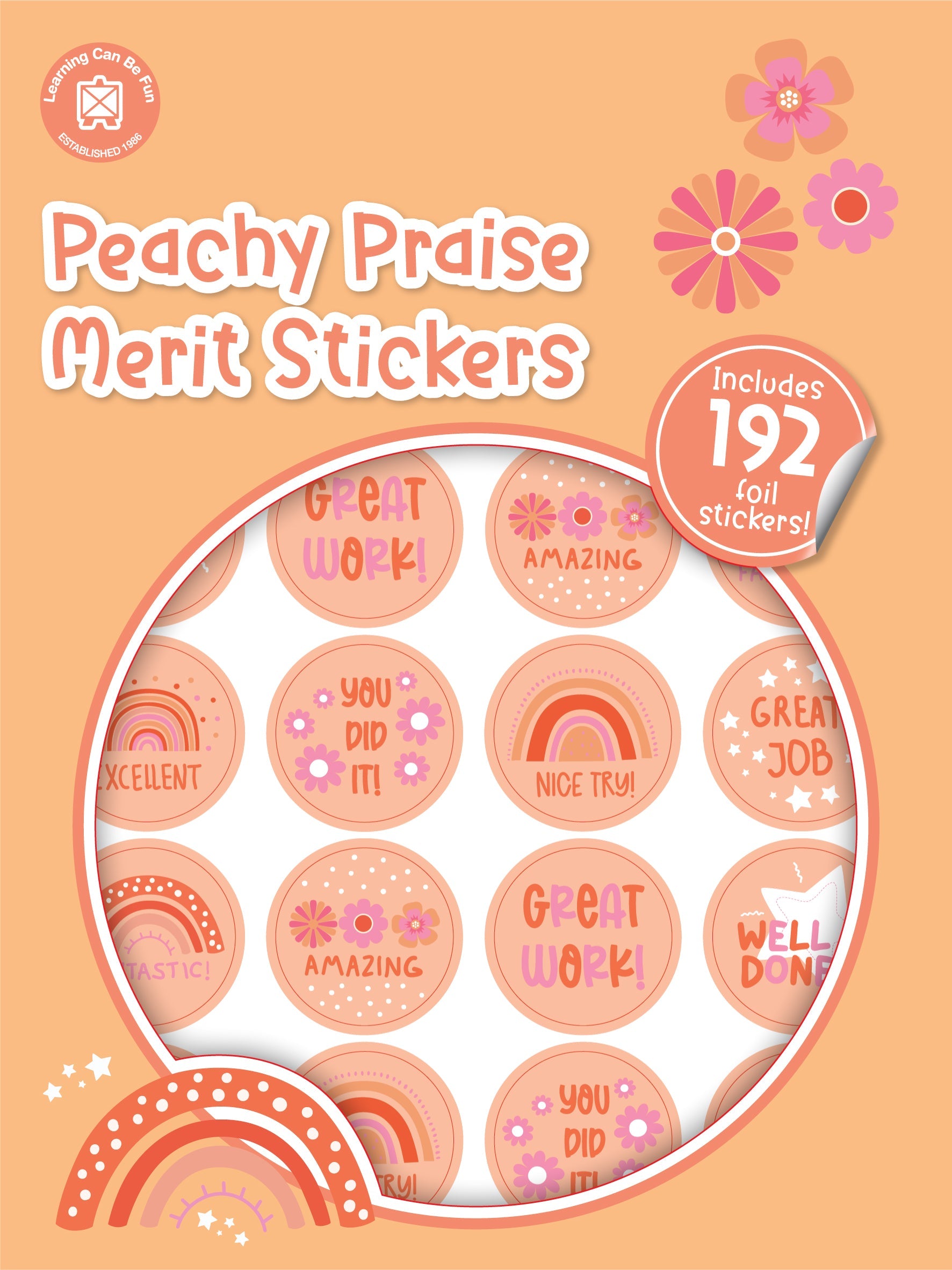 Peachy Praise merit sticker book cover showing round stickers in warm peach tones with rainbow, flower and heart icons.