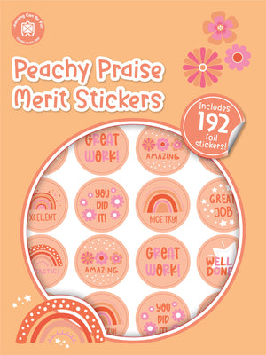 Peachy Praise merit sticker book cover showing round stickers in warm peach tones with rainbow, flower and heart icons.