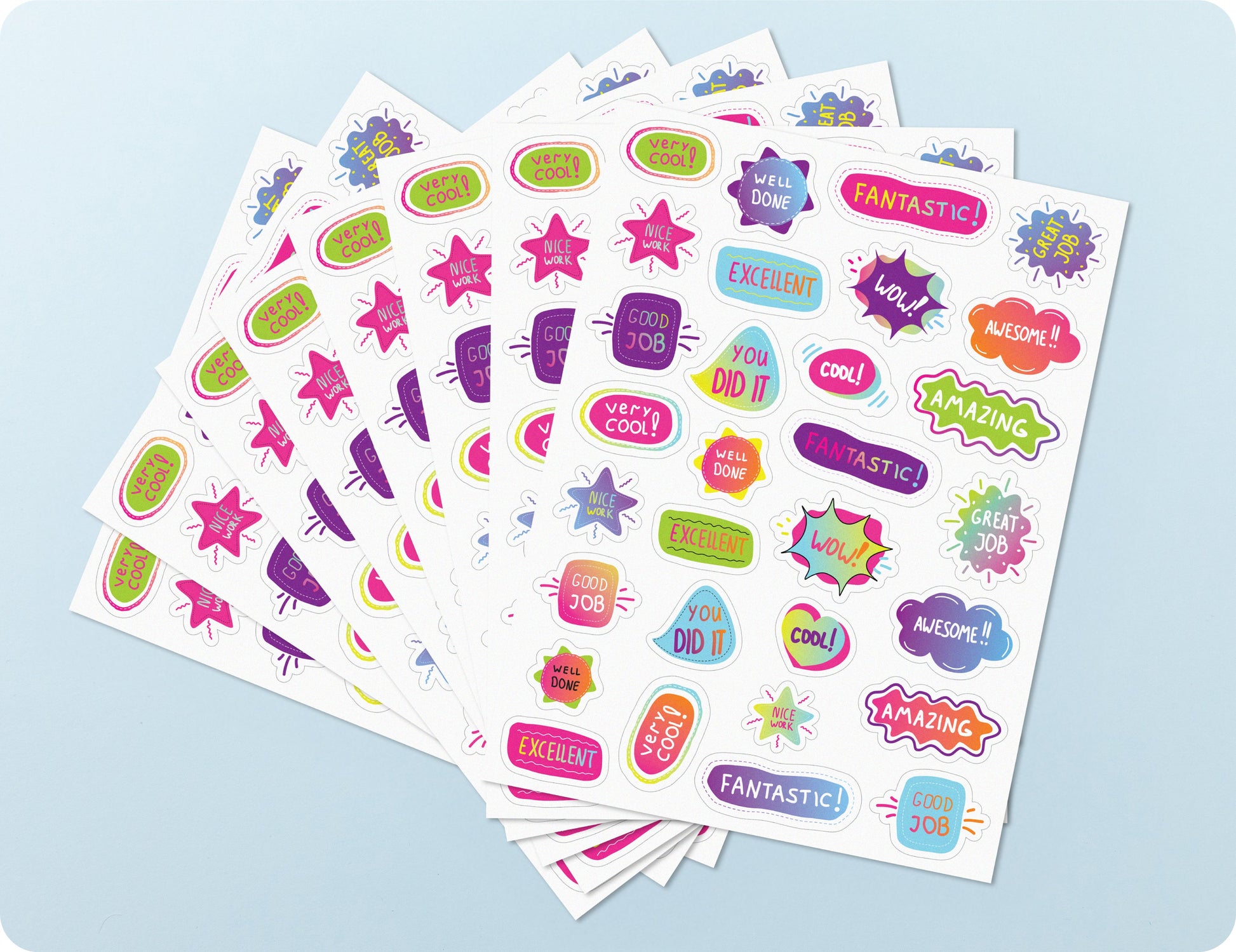 Sticker sheets from the Pop of Praise Bright book fanned out to show the neon designs and message wording.