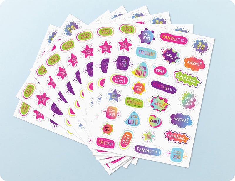 Sticker sheets from the Pop of Praise Bright book fanned out to show the neon designs and message wording.