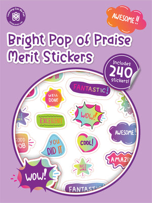 Pop of Praise Bright merit sticker book cover showing round stickers in bold neon colours with energising messages.