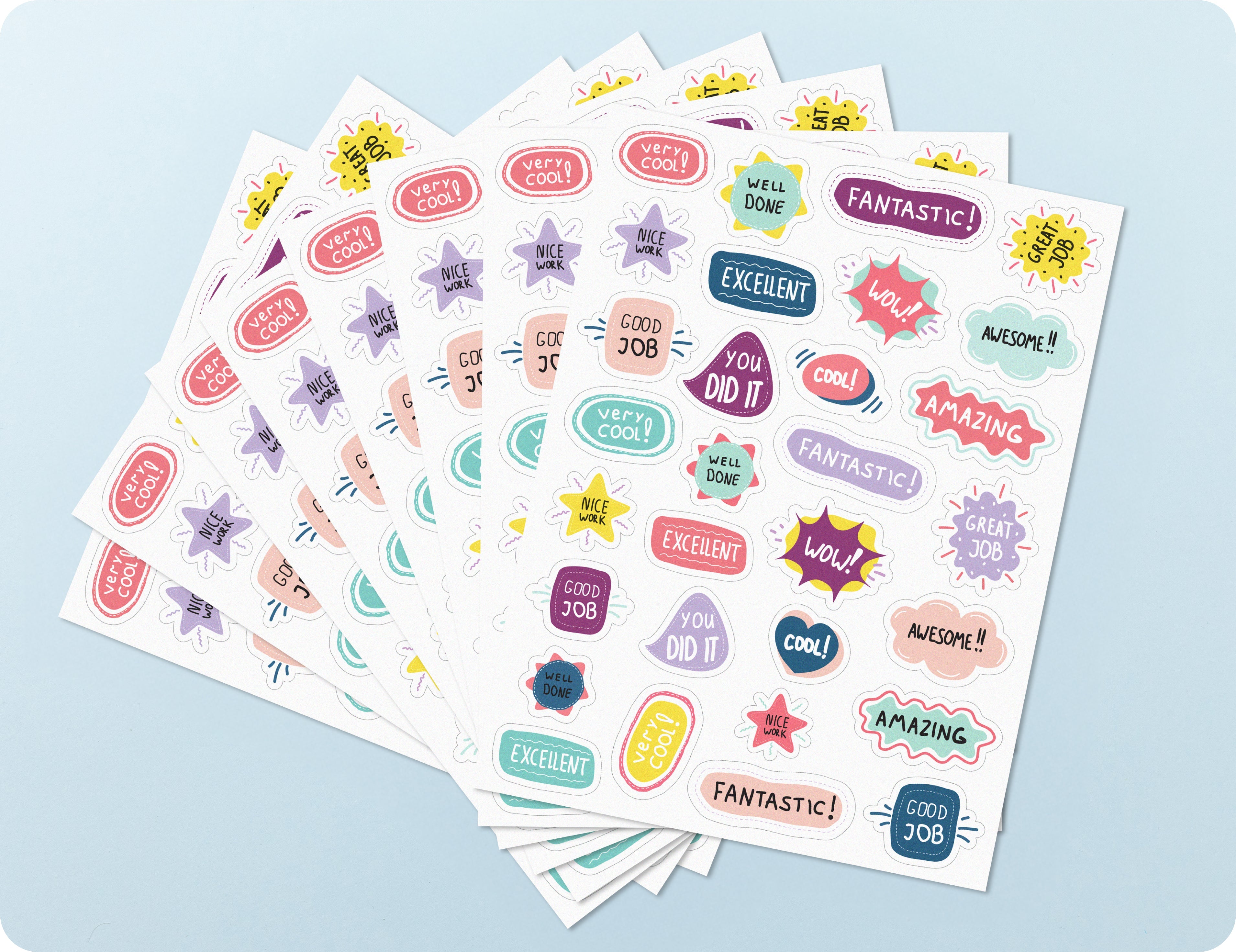 Sticker sheets from the Pop of Praise book fanned out to show the neutral designs and encouragement wording.