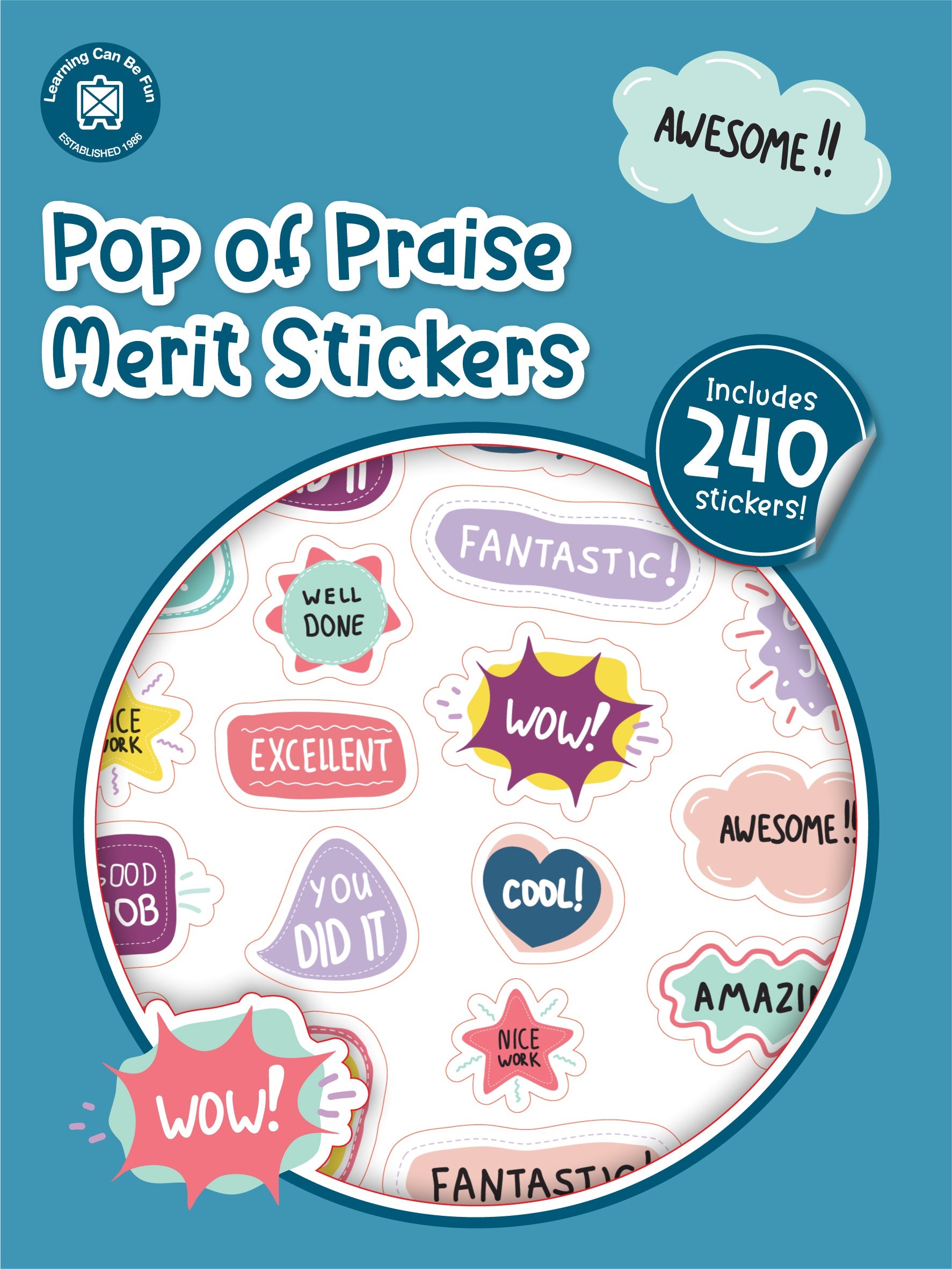 Pop of Praise merit sticker book cover showing round stickers in neutral tones with short positive phrases.