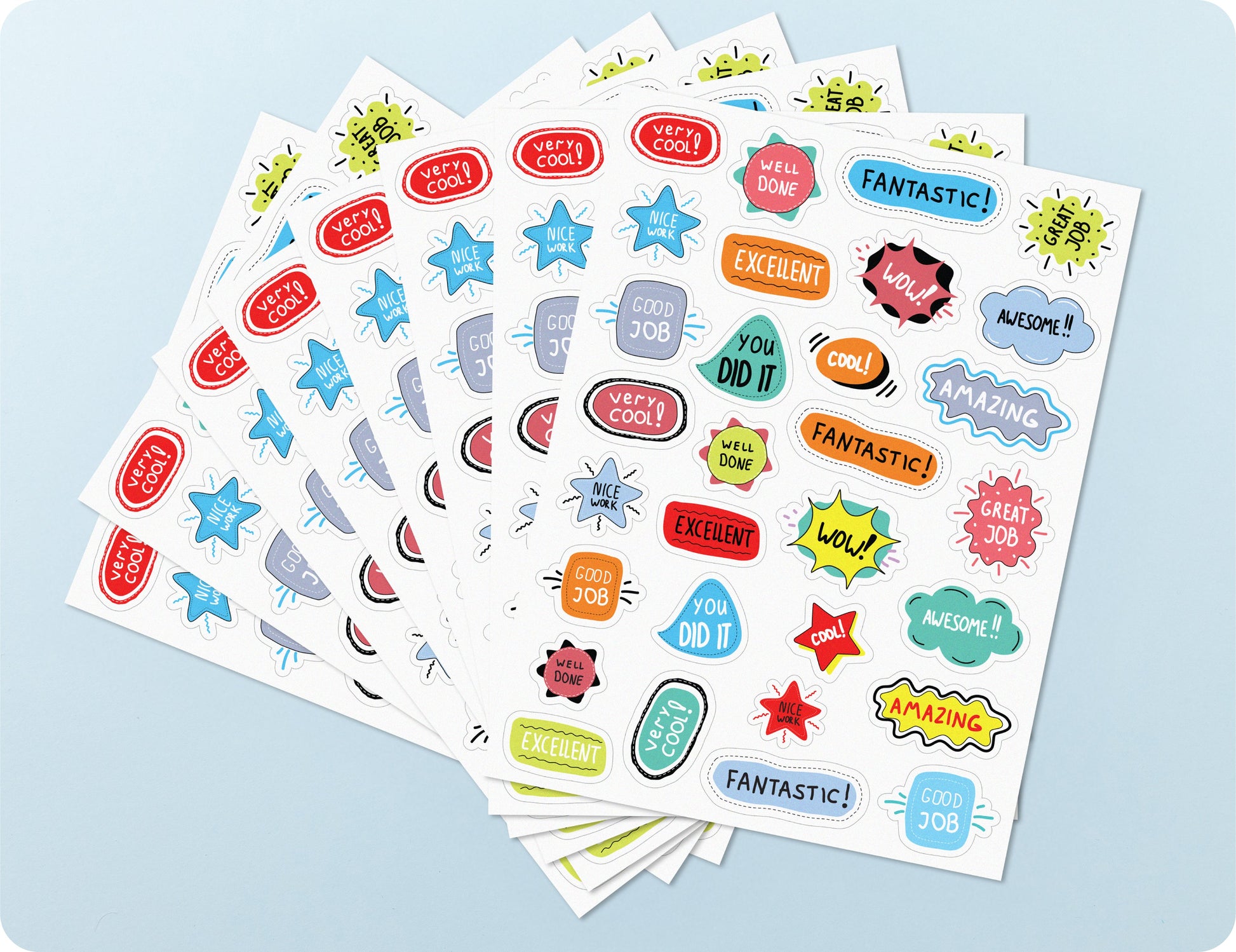 Sticker sheets from the Pop of Praise Retro book fanned out to show the vintage designs and phrase wording.