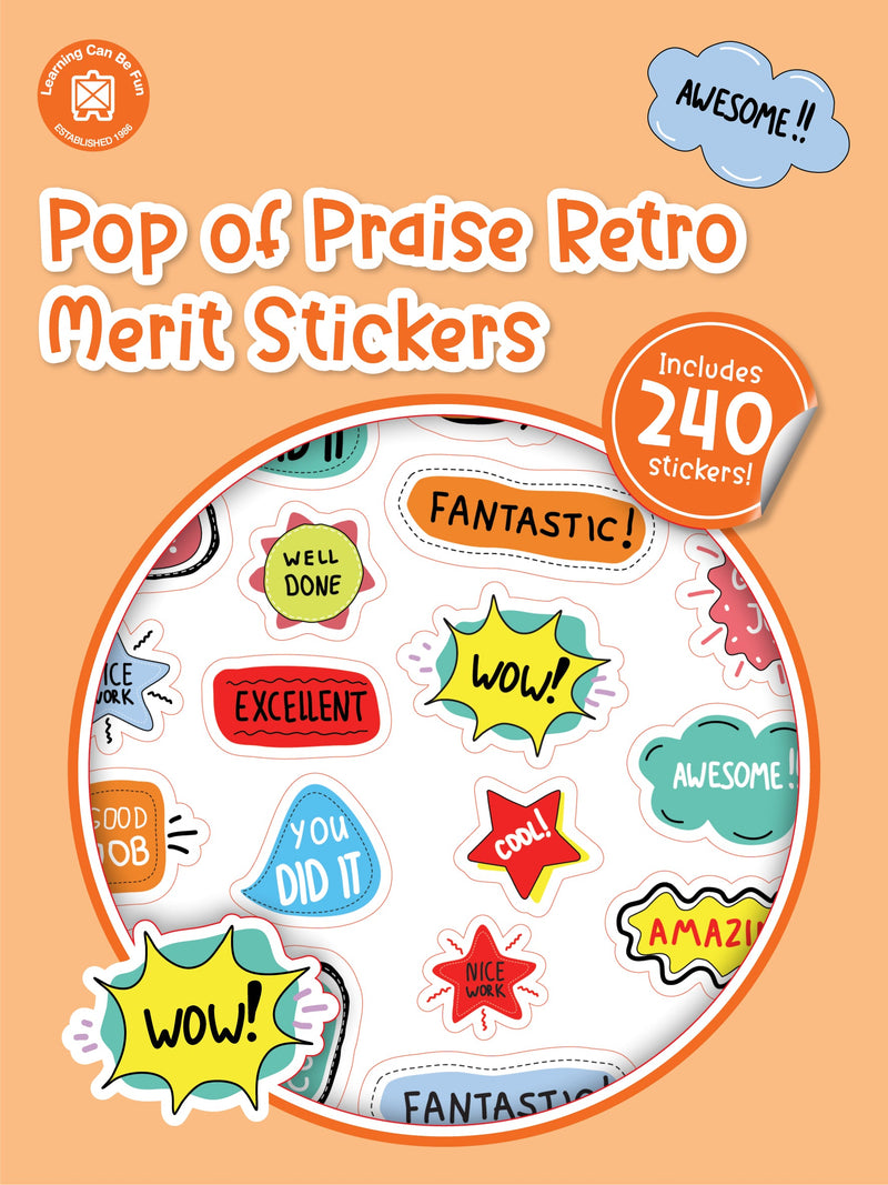 Pop of Praise Retro merit sticker book cover showing round stickers in warm vintage-inspired colours with upbeat phrases.