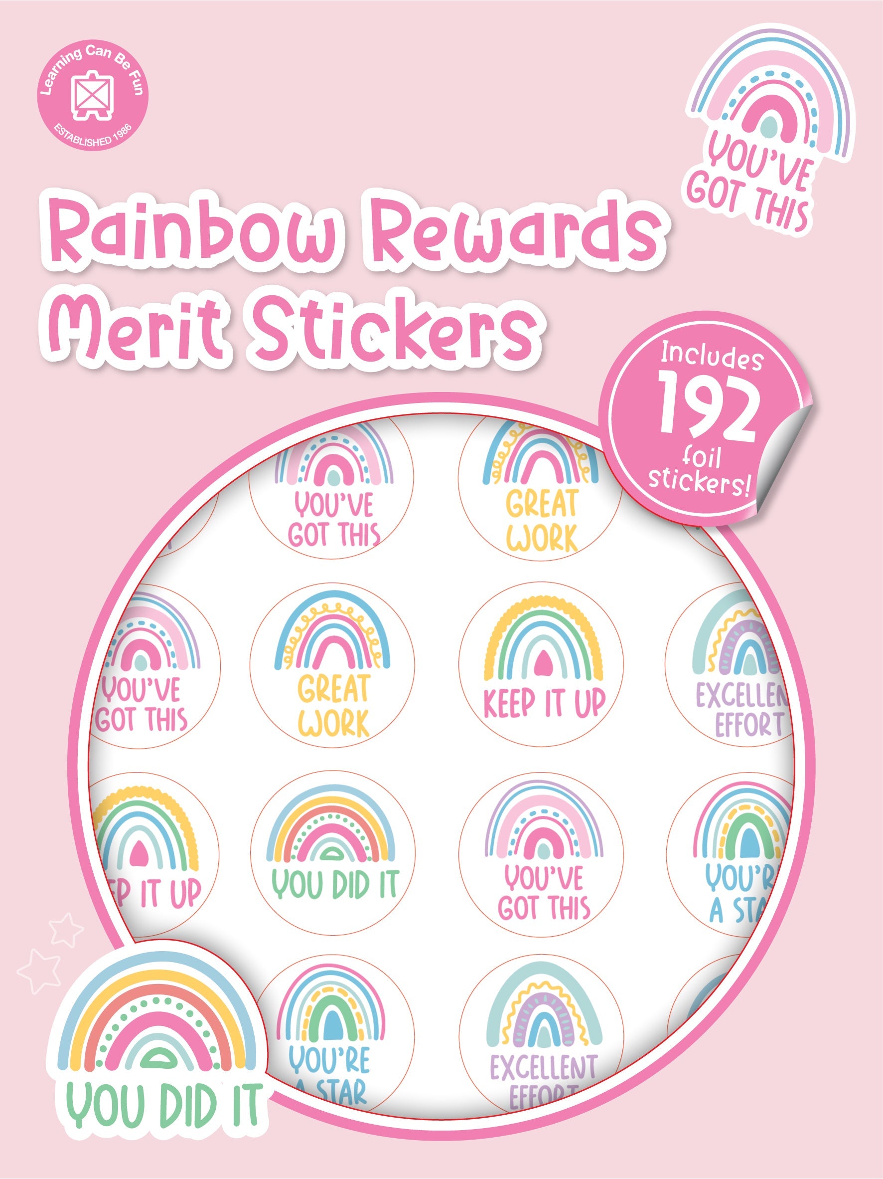 Rainbow Rewards merit sticker book cover showing round stickers with rainbow artwork and uplifting message wording.