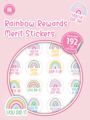 Rainbow Rewards merit sticker book cover showing round stickers with rainbow artwork and uplifting message wording.