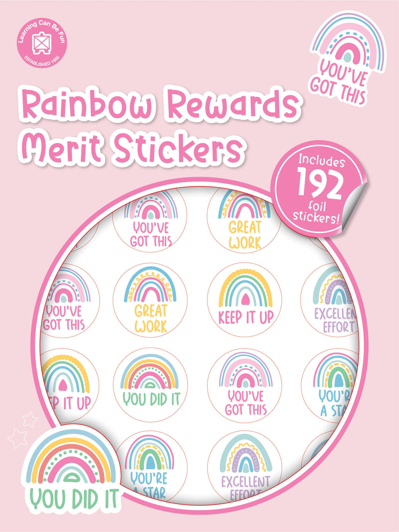 Rainbow Rewards merit sticker book cover showing round stickers with rainbow artwork and uplifting message wording.