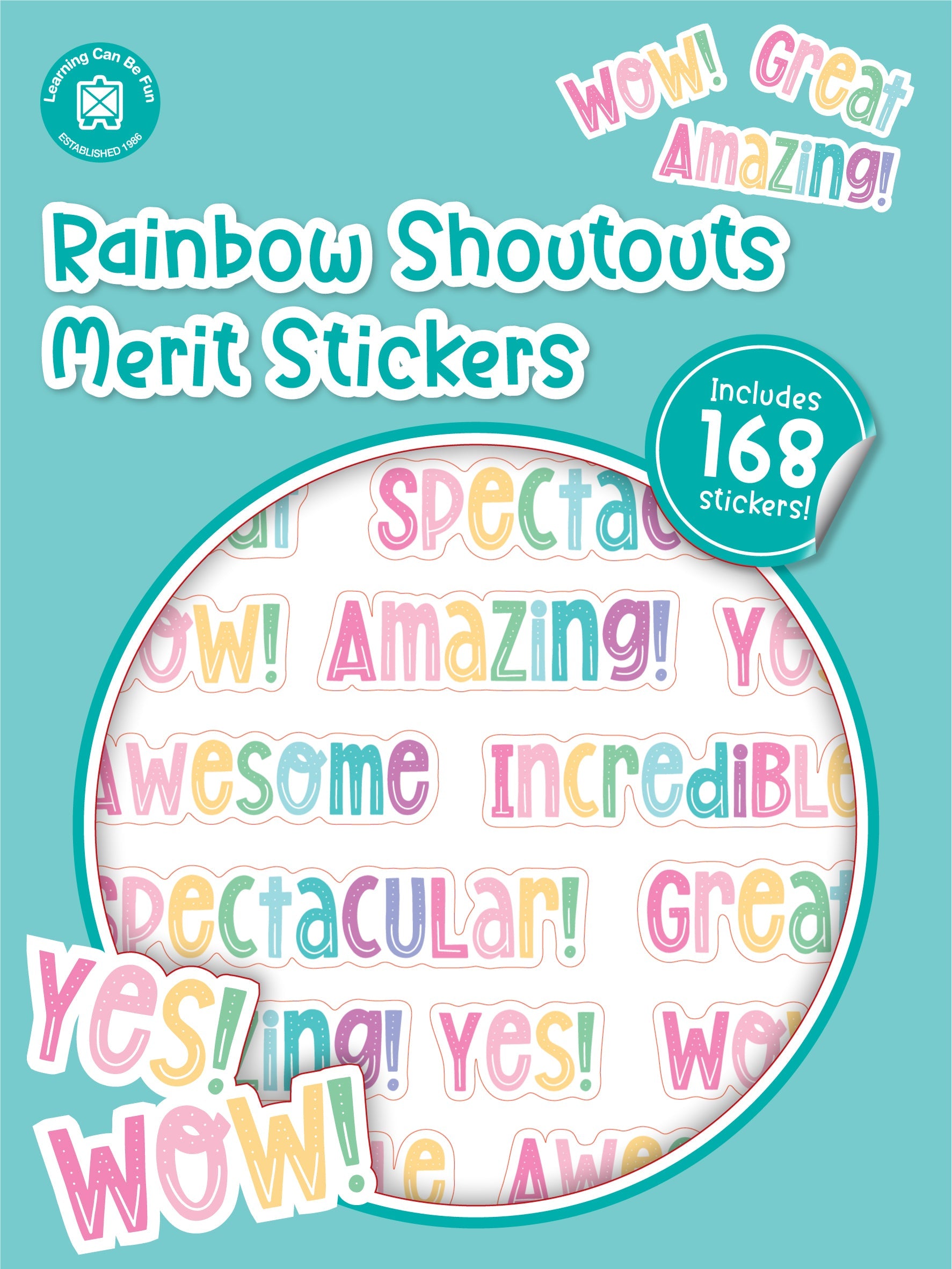 Rainbow Shoutouts merit sticker book cover showing stickers where bold praise words in rainbow colours are the main design.